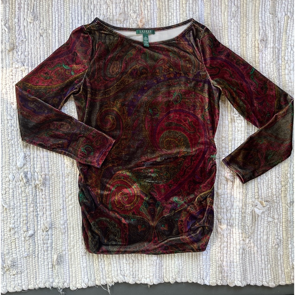 Lauren Ralph Lauren Velvet Paisley Ruched Side Long Sleeve Top